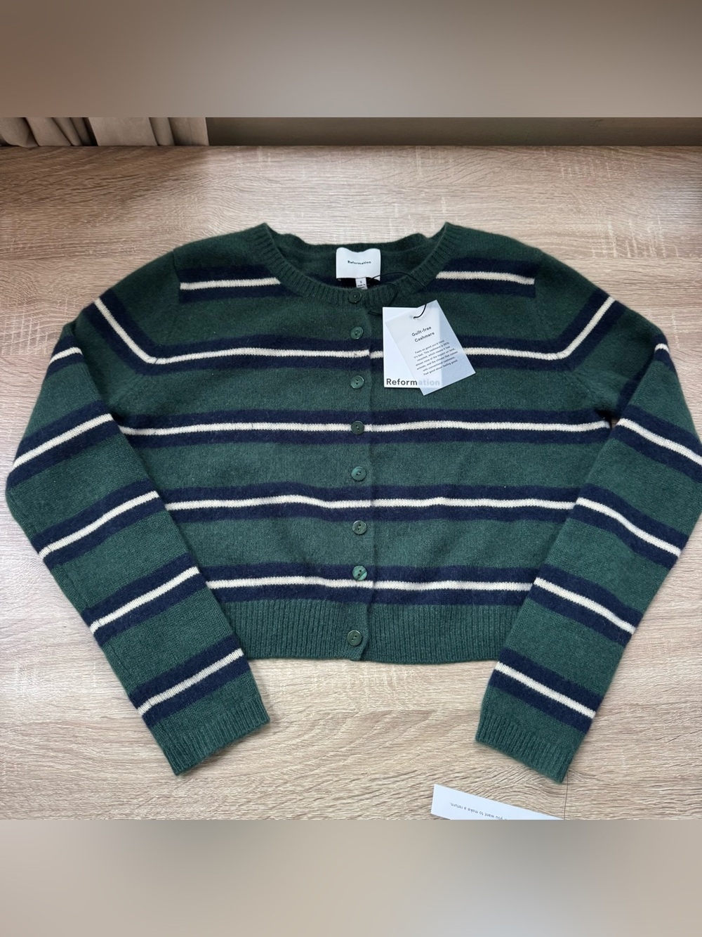 NWT Reformation Clara Cashmere Crew Cardigan Green Stripe Small - Picture 15 of 16